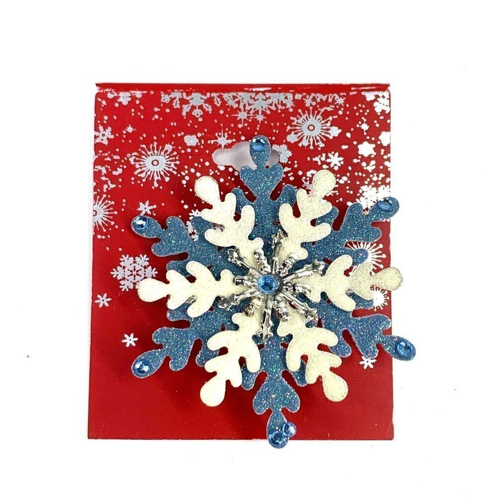 Holiday Sparkling Snowflake Pin Blue & White 2.5" NWOT